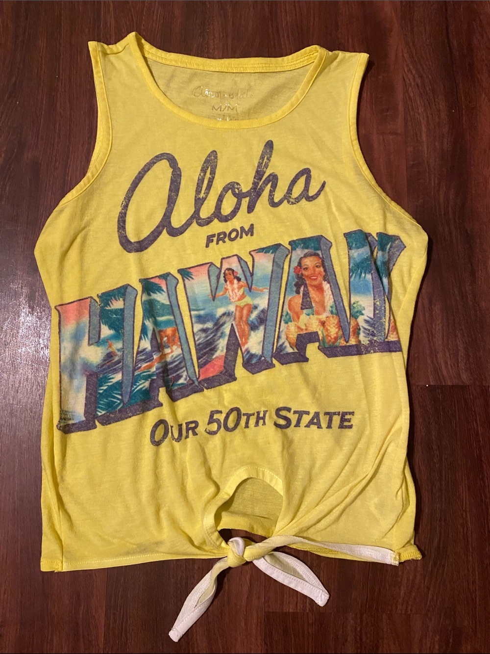 Aeropostale Yellow 'Aloha From Hawaii' Graphic Tie-Front Tank